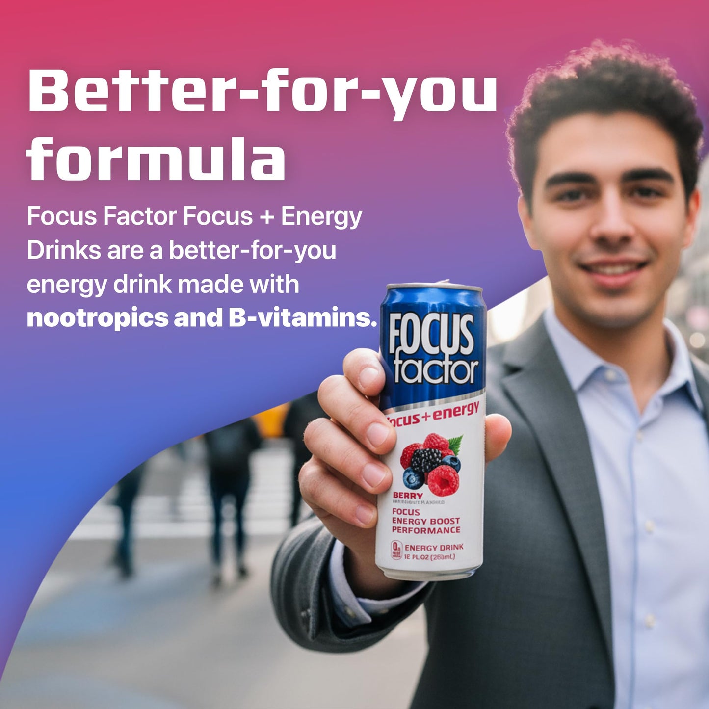 Focus Factor Energy Drink - 12 x 355ml Cans (Berry Flavour) - with Focus + Energy - Lightly Carbonated, Sugar Free, Low Calorie with Vitamin B6 & Vitamin B12 - Maple Wellness Supplements