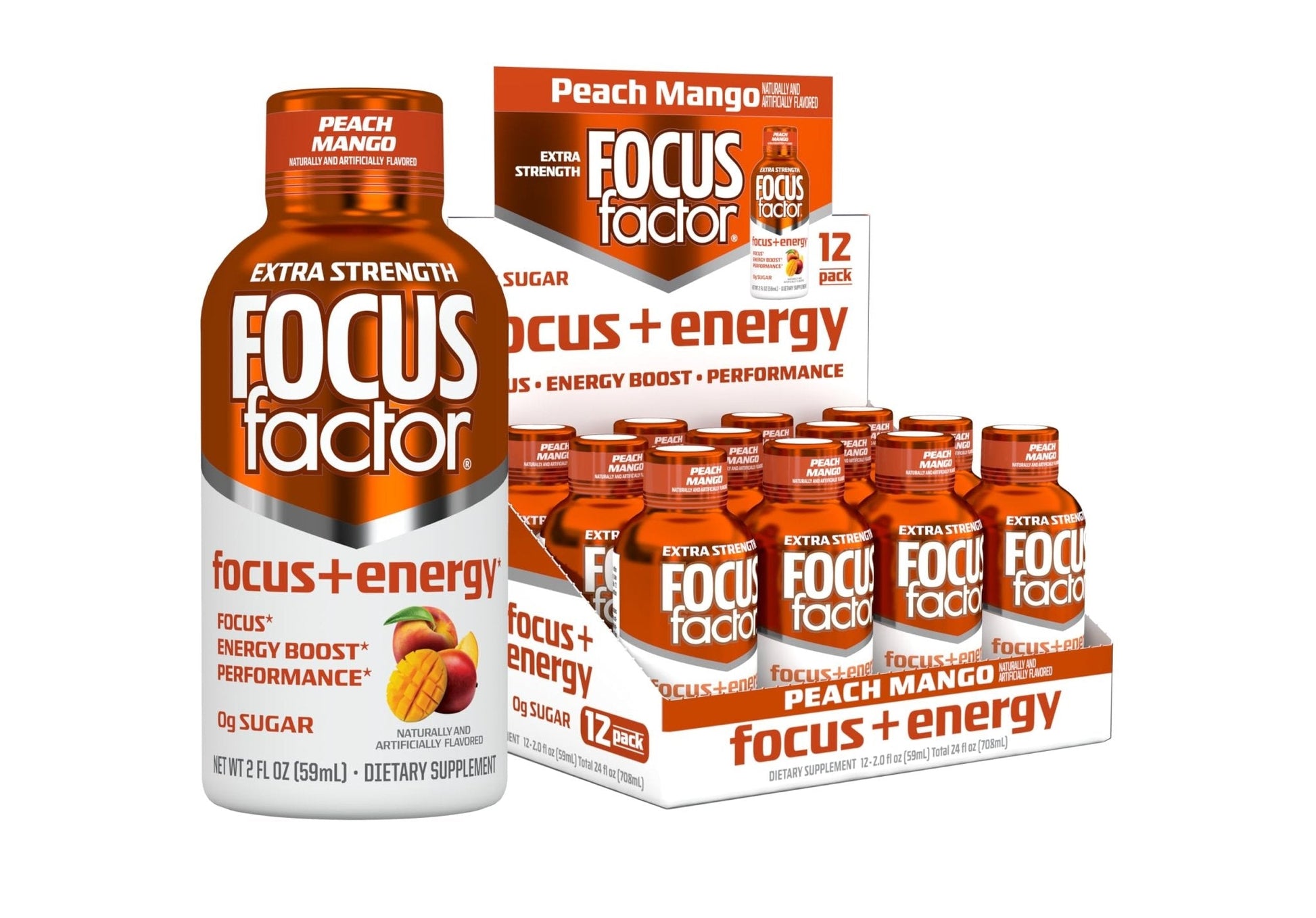 Focus Factor Extra Strength Focus + Energy Shots - 12 x 2oz Bottles (Peach Mango Flavor) - Powered by Nootropics with Caffeine, L-Theanine, Ginkgo, Bacopa, L-Tyrosine, Alpha GPC - Maple Wellness Supplements