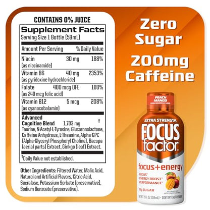 Focus Factor Extra Strength Focus + Energy Shots - 12 x 2oz Bottles (Peach Mango Flavor) - Powered by Nootropics with Caffeine, L-Theanine, Ginkgo, Bacopa, L-Tyrosine, Alpha GPC - Maple Wellness Supplements
