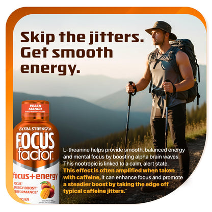 Focus Factor Extra Strength Focus + Energy Shots - 12 x 2oz Bottles (Peach Mango Flavor) - Powered by Nootropics with Caffeine, L-Theanine, Ginkgo, Bacopa, L-Tyrosine, Alpha GPC - Maple Wellness Supplements