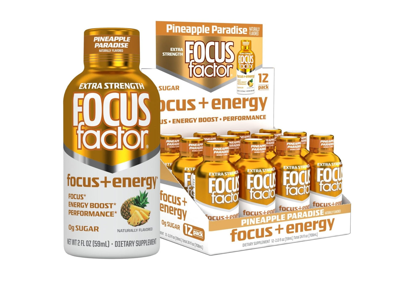 Focus Factor Extra Strength Focus + Energy Shots - 12 x 2oz Bottles (Pineapple Paradise Flavor) - Powered by Nootropics with Caffeine, L-Theanine, Ginkgo, Bacopa, L-Tyrosine, Alpha GPC - Maple Wellness Supplements