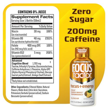 Focus Factor Extra Strength Focus + Energy Shots - 12 x 2oz Bottles (Pineapple Paradise Flavor) - Powered by Nootropics with Caffeine, L-Theanine, Ginkgo, Bacopa, L-Tyrosine, Alpha GPC - Maple Wellness Supplements