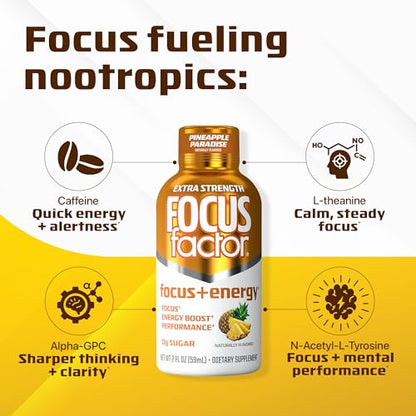 Focus Factor Extra Strength Focus + Energy Shots - 12 x 2oz Bottles (Pineapple Paradise Flavor) - Powered by Nootropics with Caffeine, L-Theanine, Ginkgo, Bacopa, L-Tyrosine, Alpha GPC - Maple Wellness Supplements