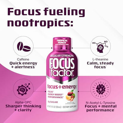 Focus Factor Focus + Energy Shots - 12 x 2oz Bottles (Tropical Punch Flavor) - Powered by Nootropics with Caffeine, L-Theanine, Ginkgo, Bacopa, L-Tyrosine, Alpha GPC - Maple Wellness Supplements