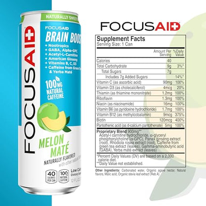 FOCUSAID Energy Blend, Brain Boosting Nootropics Drink, Alpha-GPC, GABA, B-Complex, Yerba Mate, Green Tea, 100% Clean, 100mg Natural Caffeine, 12-oz. can, 12 Pack - Maple Wellness Supplements
