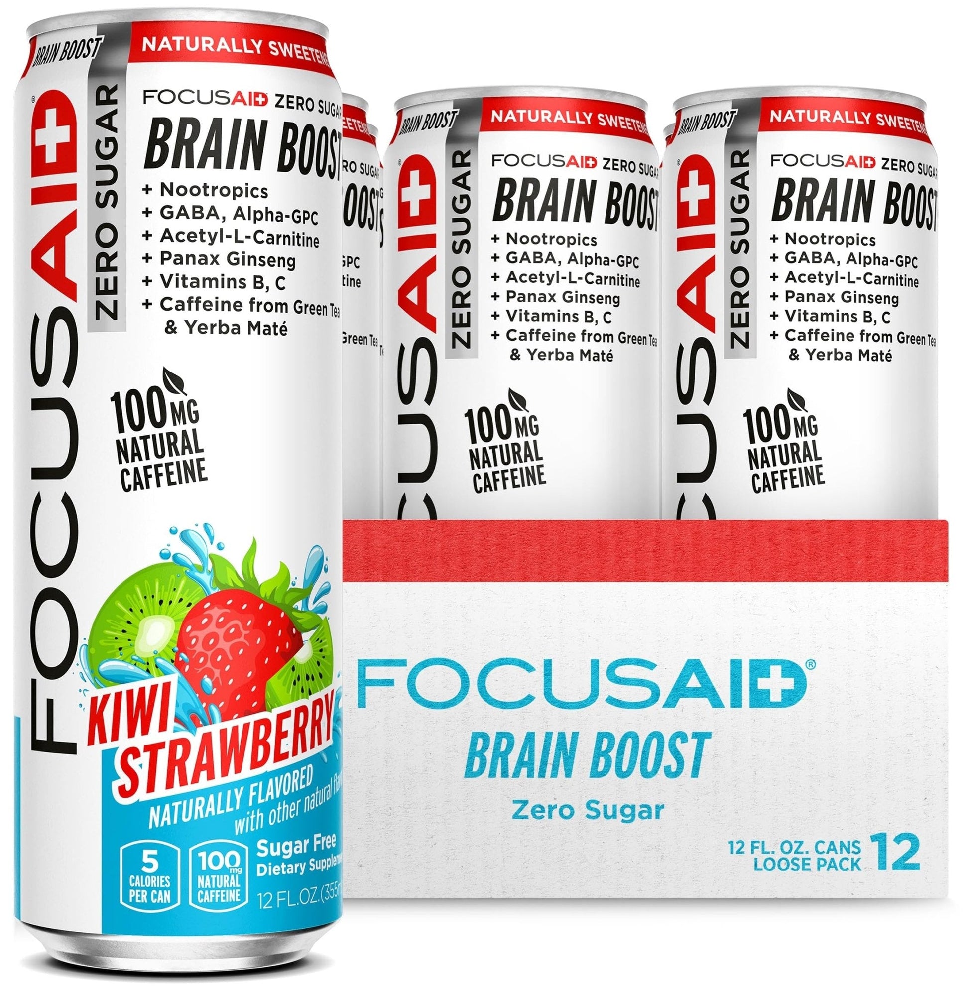 FOCUSAID ZERO SUGAR Nootropics Blend, Alpha-GPC, GABA, 100mg Natural Caffeine from Green Tea, Yerba Mate, Vitamin B-Complex, Keto-Friendly, No Artificial Sweeteners, 12 Fl Oz (Pack of 12) - Maple Wellness Supplements
