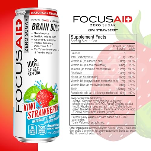 FOCUSAID ZERO SUGAR Nootropics Blend, Alpha-GPC, GABA, 100mg Natural Caffeine from Green Tea, Yerba Mate, Vitamin B-Complex, Keto-Friendly, No Artificial Sweeteners, 12 Fl Oz (Pack of 24) - Maple Wellness Supplements