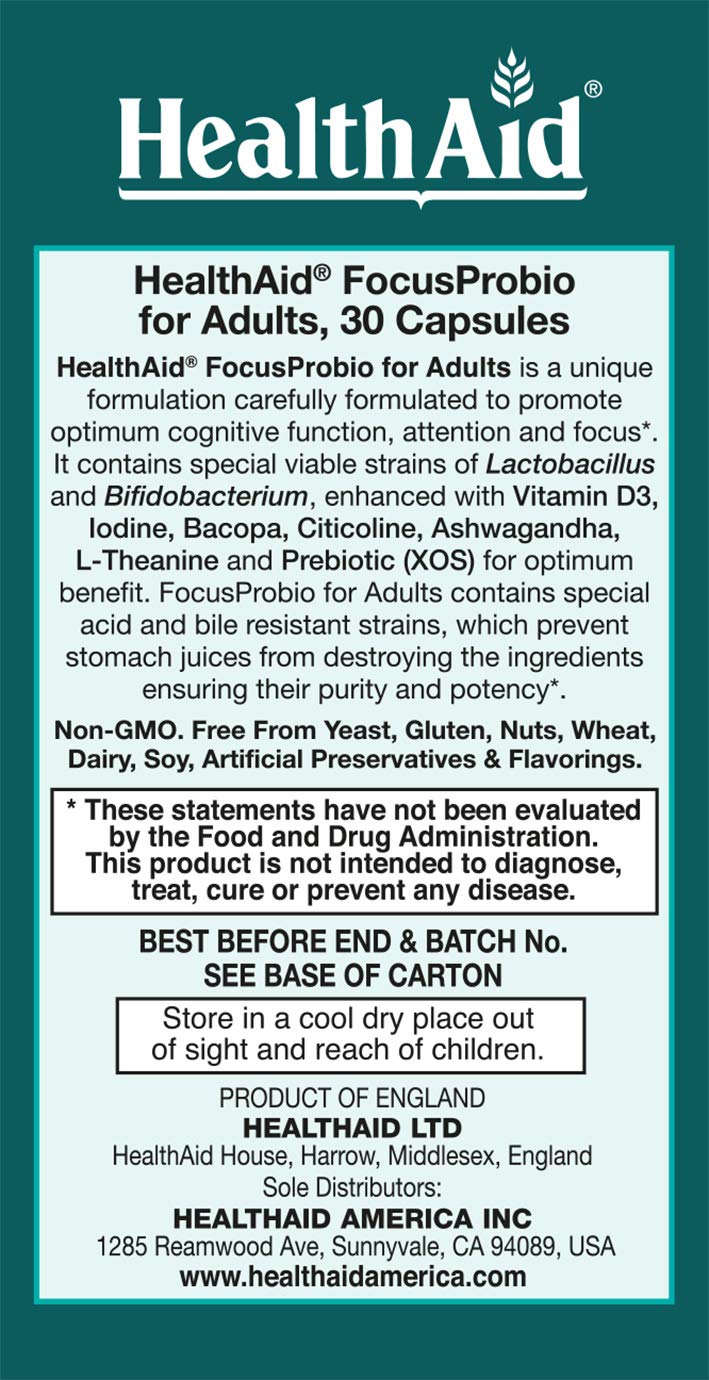 FocusProbio for Adults – 10 Billion CFU Probiotic with Prebiotic, Bacopa, Citicoline, L‑Theanine, Ashwagandha & Vitamin D₃ | Supports Focus, Mood & Gut-Brain Balance – Vegetarian, Once Daily - Maple Wellness Supplements