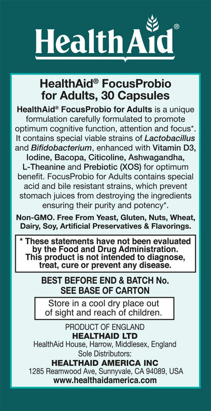 FocusProbio for Adults – 10 Billion CFU Probiotic with Prebiotic, Bacopa, Citicoline, L‑Theanine, Ashwagandha & Vitamin D₃ | Supports Focus, Mood & Gut-Brain Balance – Vegetarian, Once Daily - Maple Wellness Supplements