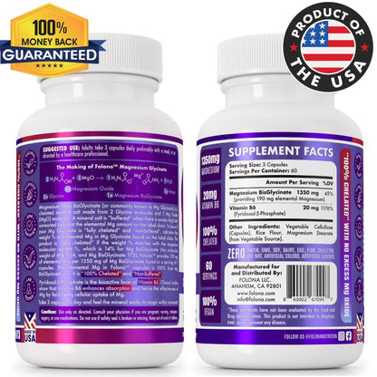 Folona Magnesium Glycinate with Vitamin B6 Research Proven to Enhance Absorption, 1350mg Fully Chelated - Supports Sleep, Stress Relief, Energy, Muscle Cramps - Gluten Free, NonGMO, 180 Vegan Capsules - Maple Wellness Supplements