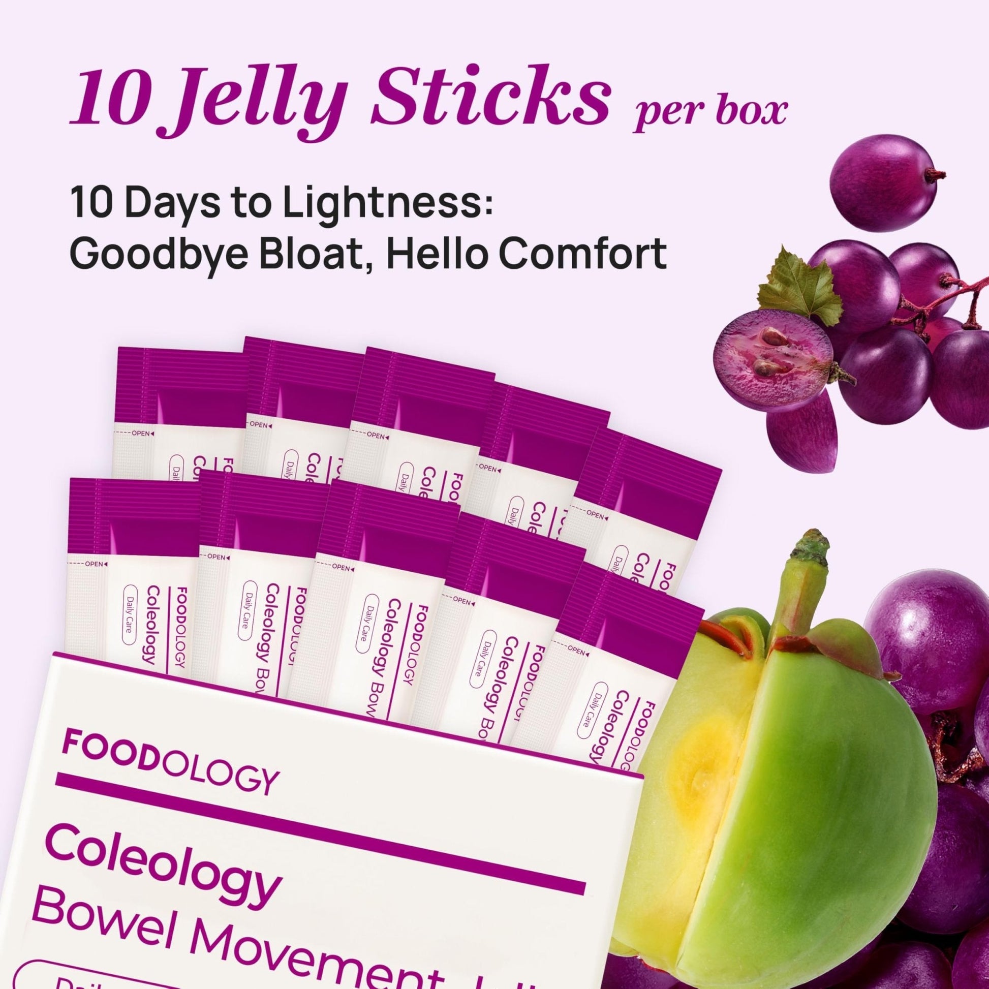 FOODOLOGY Coleology Bowel Movement Jelly (Grape & Prune) – Prebiotic Fiber Supplement for Gut Health & Daily Regularity, Chia Seeds, Korean Supplement – 10 Sticks - Maple Wellness Supplements