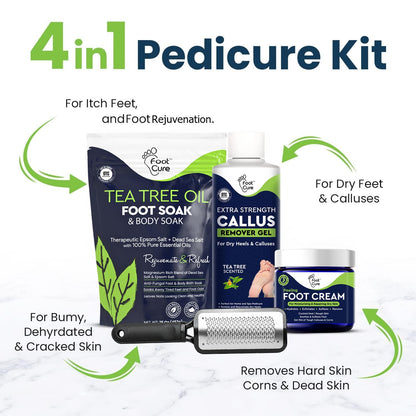 FOOT CURE Exfoliator & Callus Remover Pedicure Set – Care Kit Includes File for Dead Skin, Tea Tree Oil Soak Salts, Urea Cream 40 Percent Removal Gel Made in USA, 4 Piece - Maple Wellness Supplements