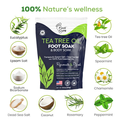 FOOT CURE Tea Tree Oil Foot Soak with Epsom Salt - Best Toenail Fungus Treatment, Athletes Foot & Softens Calluses - Soothes Sore & Tired Feet, Fungal Toe, Foot Odor Scent, Spa Pedicure (Pack of 2) - Maple Wellness Supplements