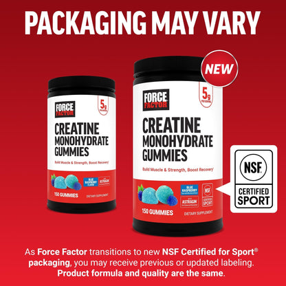 Force Factor Creatine Monohydrate Gummies, NSF Certified, 5g Dose for Men & Women to Support Muscle, Strength, Recovery, Cognitive Health & Memory, Packaging May Vary, Blue Raspberry, 150 Gummies - Maple Wellness Supplements