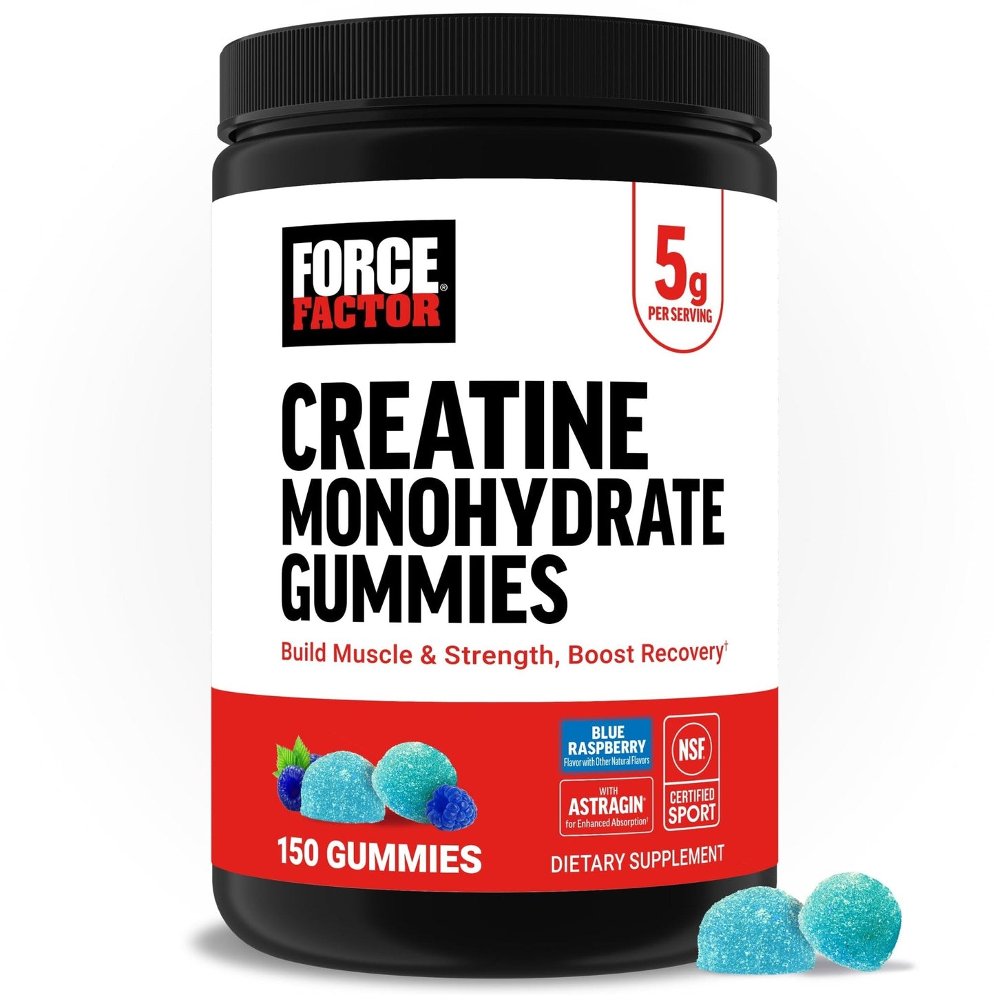Force Factor Creatine Monohydrate Gummies, NSF Certified, 5g Dose for Men & Women to Support Muscle, Strength, Recovery, Cognitive Health & Memory, Packaging May Vary, Blue Raspberry, 150 Gummies - Maple Wellness Supplements