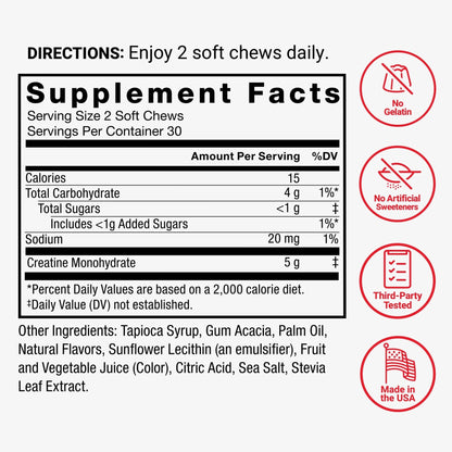 Force Factor Legendary Creatine Chews, 5g Creatine Monohydrate, Build Muscle, Improve Strength & Recovery, Support Memory & Cognitive Function, Sugar Free, Berry Blast, 60 Soft Chews - Maple Wellness Supplements