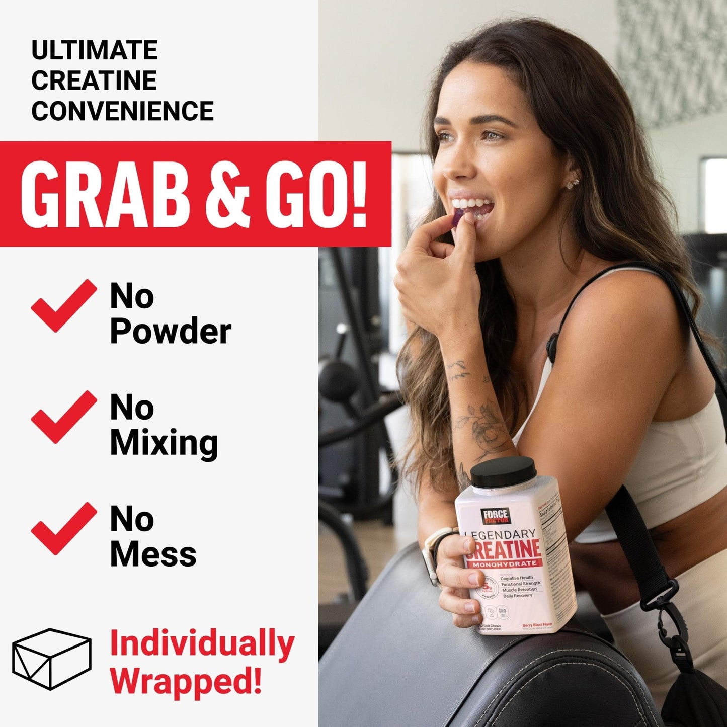 Force Factor Legendary Creatine Chews, 5g Creatine Monohydrate, Build Muscle, Improve Strength & Recovery, Support Memory & Cognitive Function, Sugar Free, Berry Blast, 60 Soft Chews - Maple Wellness Supplements