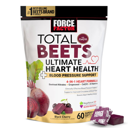 Force Factor Total Beets Ultimate Heart Health Chews for Blood Pressure Support, with Beetroot Powder, CoQ10, B Vitamins & Grapeseed Extract for Blood Flow - Maple Wellness Supplements