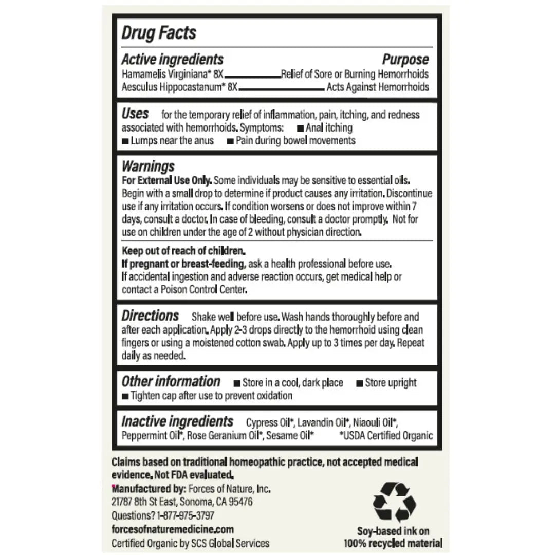 Forces of Nature Hemorrhoid Control Extra Strength, Organic Homeopathic Medicine with Witch Hazel, Horse Chestnut, and Soothing Essential Oils for Itching, Swelling & Discomfort, 5ml (0.17 fl oz) - Maple Wellness Supplements
