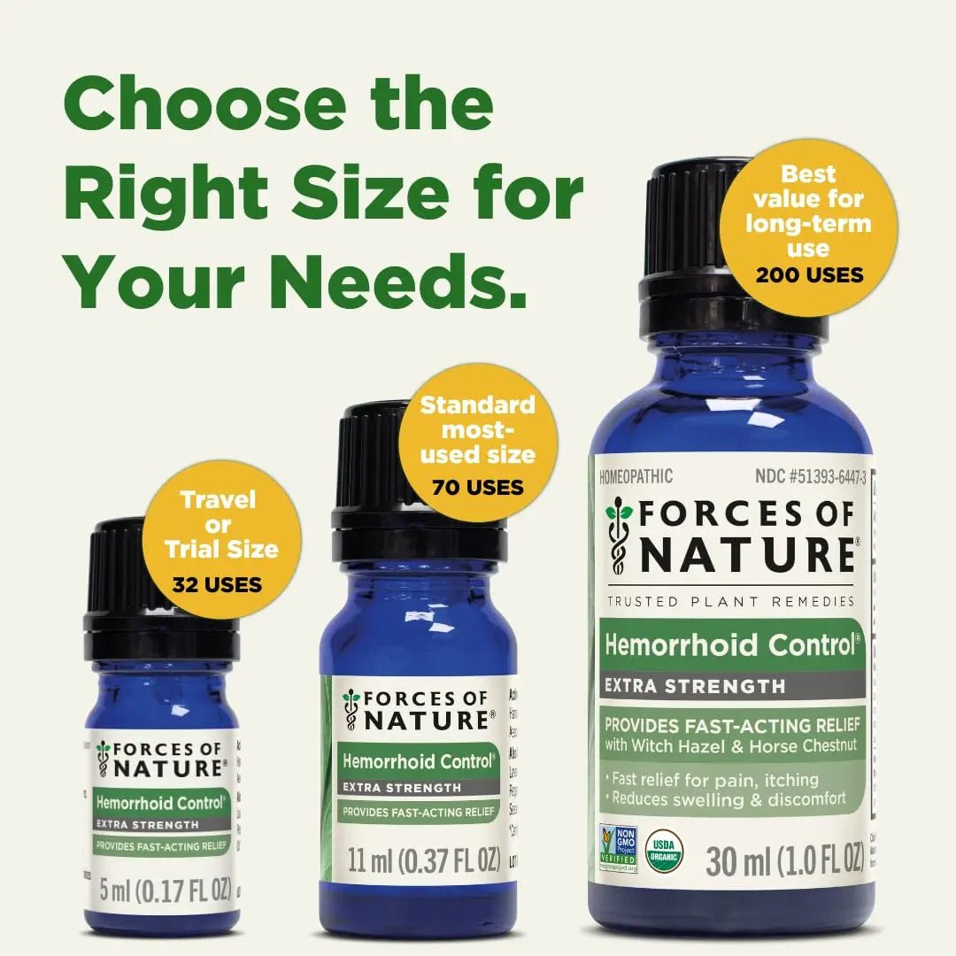 Forces of Nature Hemorrhoid Control Extra Strength, Organic Homeopathic Medicine with Witch Hazel, Horse Chestnut, and Soothing Essential Oils for Itching, Swelling & Discomfort, 5ml (0.17 fl oz) - Maple Wellness Supplements