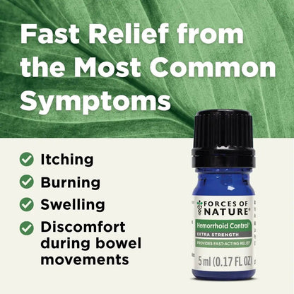 Forces of Nature Hemorrhoid Control Extra Strength, Organic Homeopathic Medicine with Witch Hazel, Horse Chestnut, and Soothing Essential Oils for Itching, Swelling & Discomfort, 5ml (0.17 fl oz) - Maple Wellness Supplements