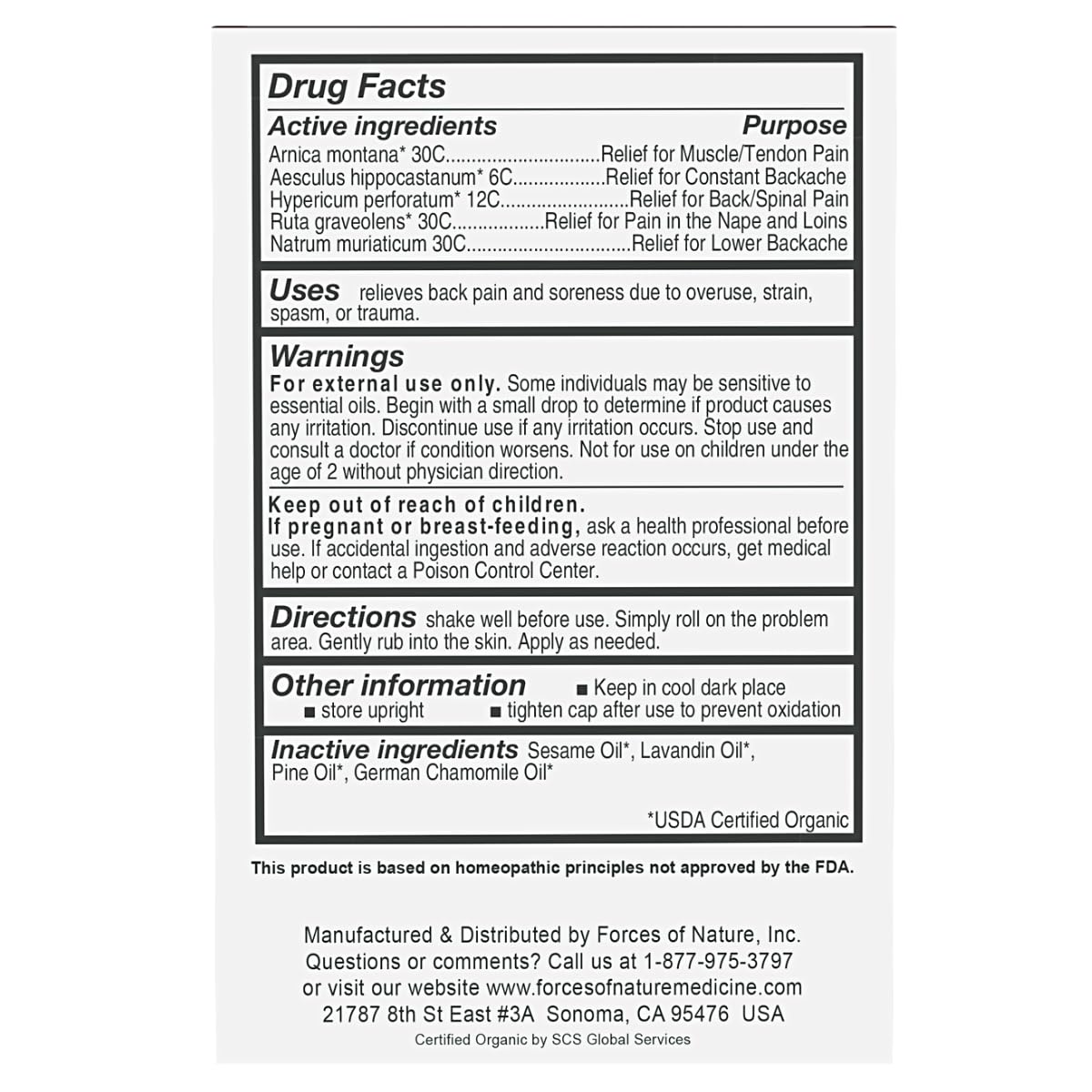 Forces of Nature Natural, Organic Back Pain Relief, w/Arnica & St John's Wort, Fast Acting Anti-Inflammatory Topical Muscle Soother for Lower Back, Sciatica, Neck, Non-GMO, Cruelty-Free, 0.14 Fl Oz - Maple Wellness Supplements