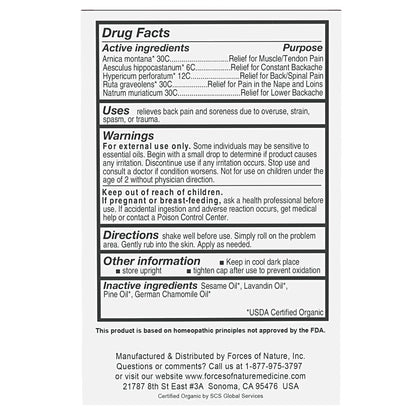 Forces of Nature Natural, Organic Back Pain Relief, w/Arnica & St John's Wort, Fast Acting Anti-Inflammatory Topical Muscle Soother for Lower Back, Sciatica, Neck, Non-GMO, Cruelty-Free, 0.14 Fl Oz - Maple Wellness Supplements