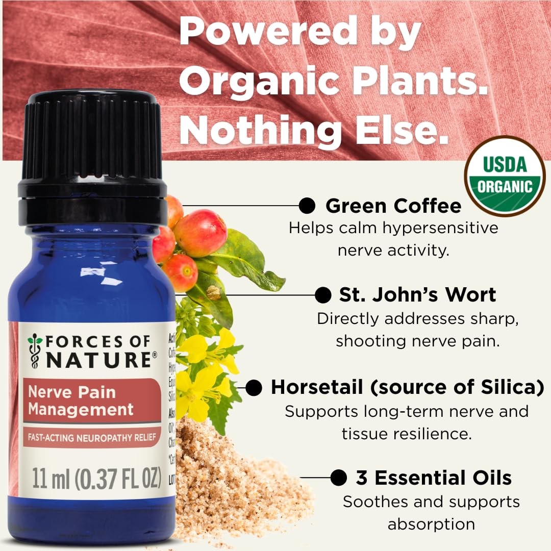 Forces of Nature Nerve Pain Management, Organic Topical Relief for Neuropathy & Nerve Discomfort, Homeopathic Medicine Supports Relief from Shooting Pains for Back, Hands, Legs and Feet, .37 fl oz - Maple Wellness Supplements