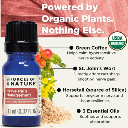 Forces of Nature Nerve Pain Management, Organic Topical Relief for Neuropathy & Nerve Discomfort, Homeopathic Medicine Supports Relief from Shooting Pains for Back, Hands, Legs and Feet, .37 fl oz - Maple Wellness Supplements