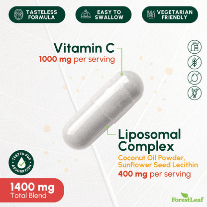 ForestLeaf Liposomal Vitamin C 1400mg Capsules | High Dose Vitamin C Liposomal Supplement w Coconut Oil Fatty Acids | Fast Absorption | Immune Support, - Maple Wellness Supplements