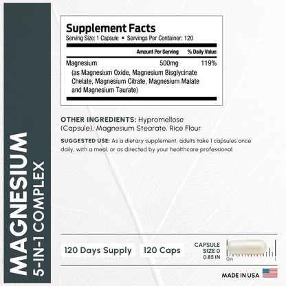 ForestLeaf Magnesium Complex for Women and Men - 500mg Magnesium Supplement for Sleep - 5-in-1 Chelated Magnesium Citrate, Bisglycinate, Malate, Taurate, Oxide (120 Ct) - Maple Wellness Supplements