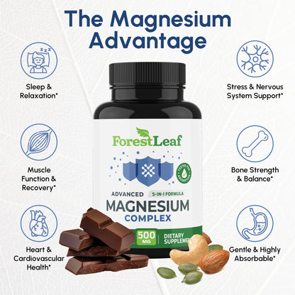 ForestLeaf Magnesium Complex for Women and Men - 500mg Magnesium Supplement for Sleep - 5-in-1 Chelated Magnesium Citrate, Bisglycinate, Malate, Taurate, Oxide (120 Ct) - Maple Wellness Supplements