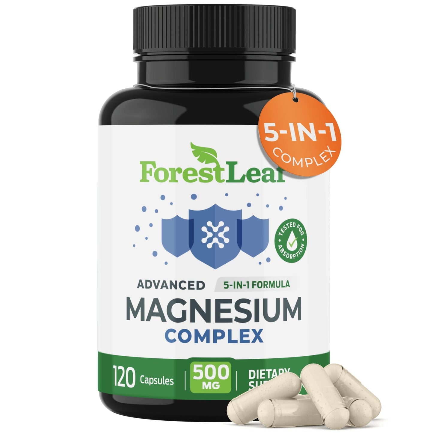 ForestLeaf Magnesium Complex for Women and Men - 500mg Magnesium Supplement for Sleep - 5-in-1 Chelated Magnesium Citrate, Bisglycinate, Malate, Taurate, Oxide (120 Ct) - Maple Wellness Supplements