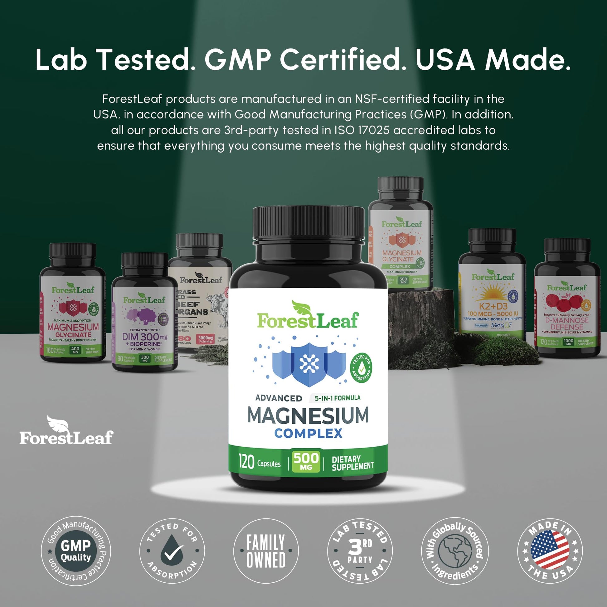 ForestLeaf Magnesium Complex for Women and Men - 500mg Magnesium Supplement for Sleep - 5-in-1 Chelated Magnesium Citrate, Bisglycinate, Malate, Taurate, Oxide (120 Ct) - Maple Wellness Supplements