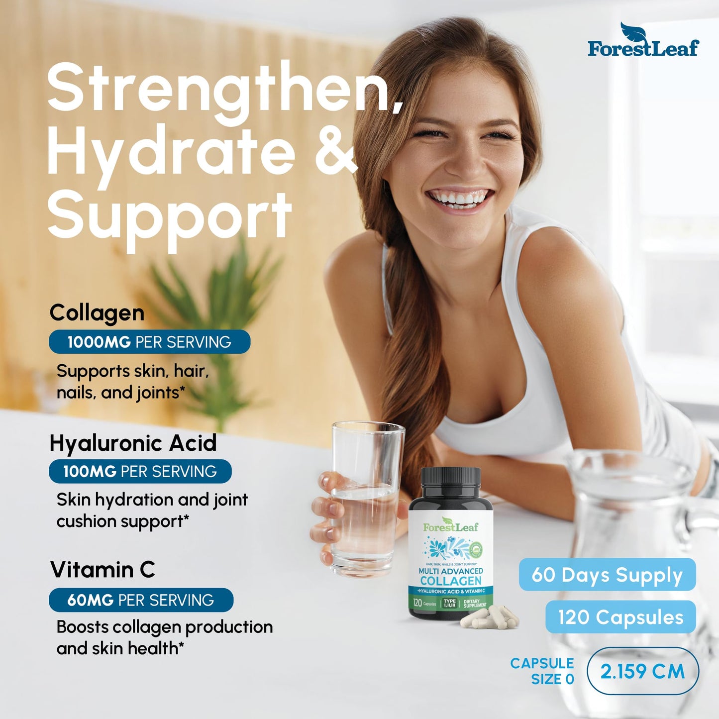 ForestLeaf Multi Collagen Pills with Hyaluronic Acid + Vitamin C | Hydrolyzed Collagen Supplements for Women or Men | Multi Collagen Capsules Peptides for Skin, Wrinkles, 120 Caps - Maple Wellness Supplements