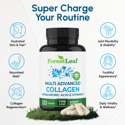 ForestLeaf Multi Collagen Pills with Hyaluronic Acid + Vitamin C | Hydrolyzed Collagen Supplements for Women or Men | Multi Collagen Capsules Peptides for Skin, Wrinkles, 240 - Maple Wellness Supplements