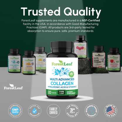 ForestLeaf Multi Collagen Pills with Hyaluronic Acid + Vitamin C | Hydrolyzed Collagen Supplements for Women or Men | Multi Collagen Capsules Peptides for Skin, Wrinkles, 120 Caps - Maple Wellness Supplements
