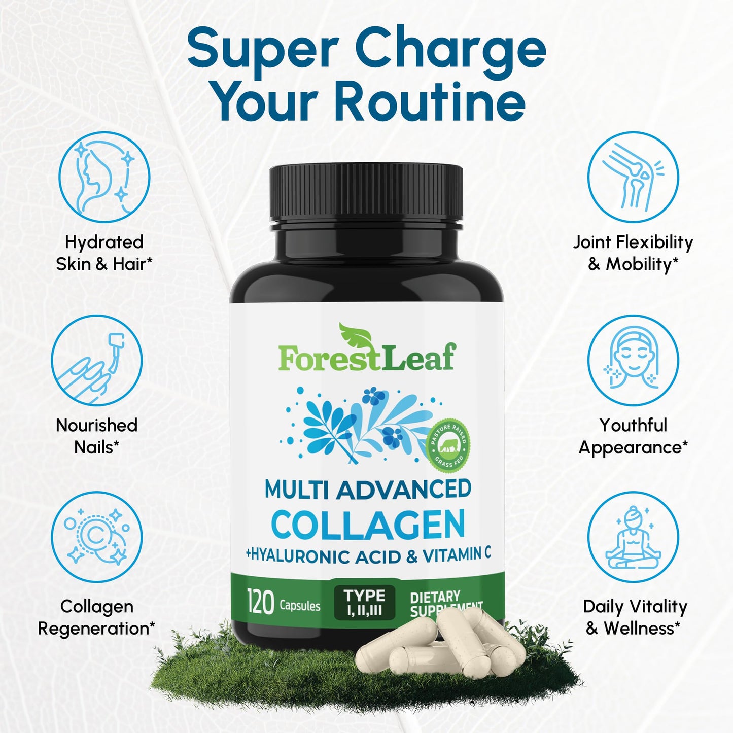 ForestLeaf Multi Collagen Pills with Hyaluronic Acid + Vitamin C | Hydrolyzed Collagen Supplements for Women or Men | Multi Collagen Capsules Peptides for Skin, Wrinkles, 120 Caps - Maple Wellness Supplements