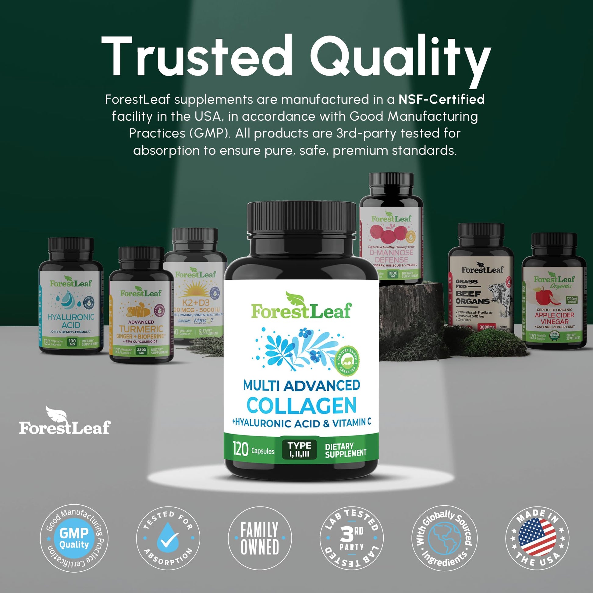 ForestLeaf Multi Collagen Pills with Hyaluronic Acid + Vitamin C | Hydrolyzed Collagen Supplements for Women or Men | Multi Collagen Capsules Peptides for Skin, Wrinkles, 120 Caps - Maple Wellness Supplements