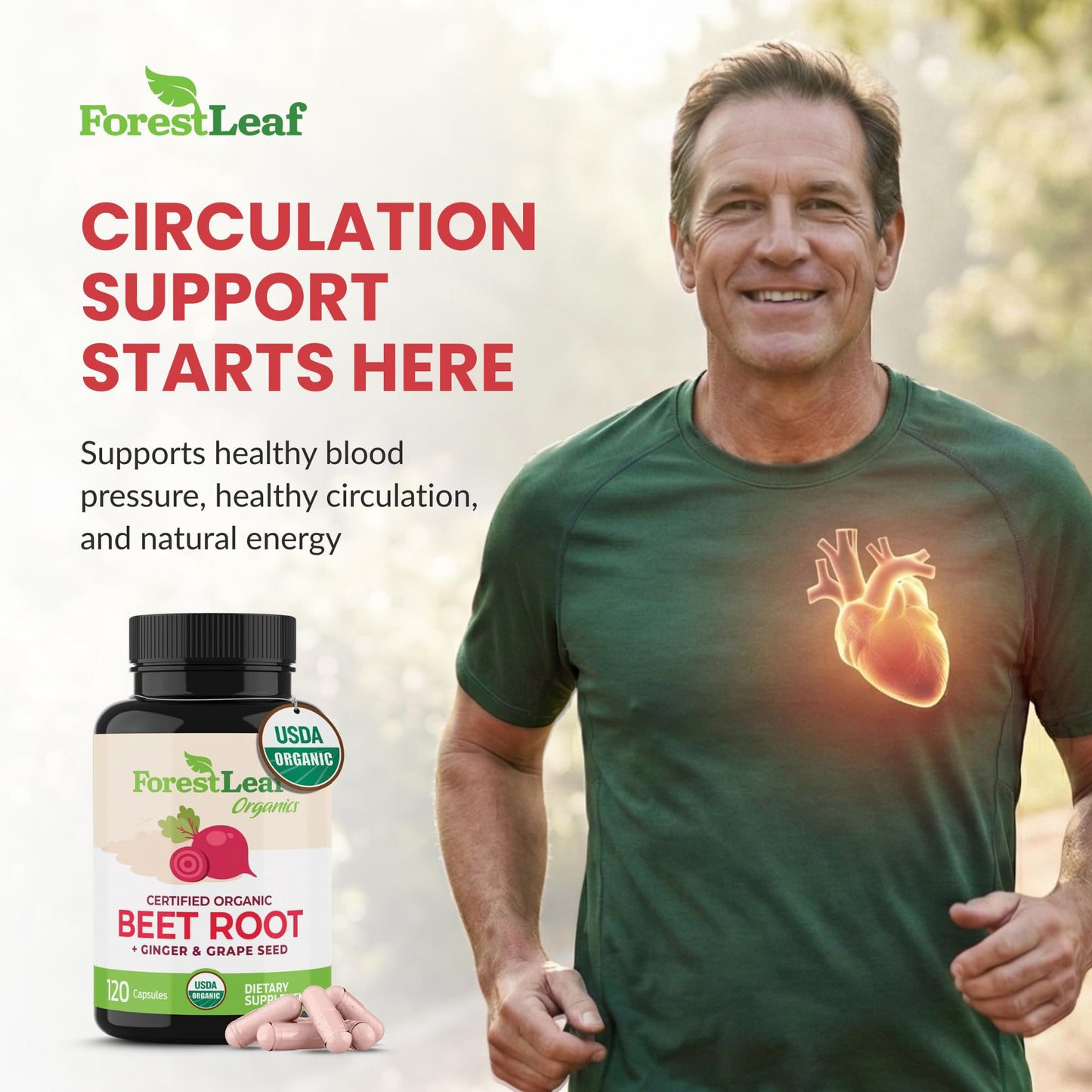 ForestLeaf USDA Organic Beet Root Capsules - Beetroot Supplement 1000mg 20:1 Extract w/Ginger Grape Seed - Support Blood Pressure, Nitric Oxide - Maple Wellness Supplements