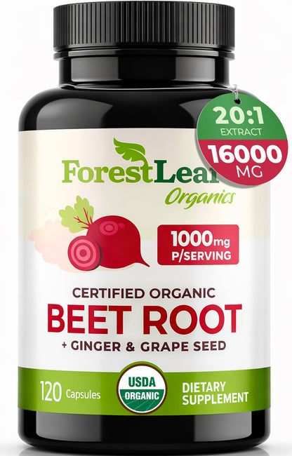 ForestLeaf USDA Organic Beet Root Capsules - Beetroot Supplement 1000mg 20:1 Extract w/Ginger Grape Seed - Support Blood Pressure, Nitric Oxide - Maple Wellness Supplements