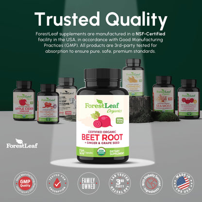 ForestLeaf USDA Organic Beet Root Capsules - Beetroot Supplement 1000mg 20:1 Extract w/Ginger Grape Seed - Support Blood Pressure, Nitric Oxide - Maple Wellness Supplements