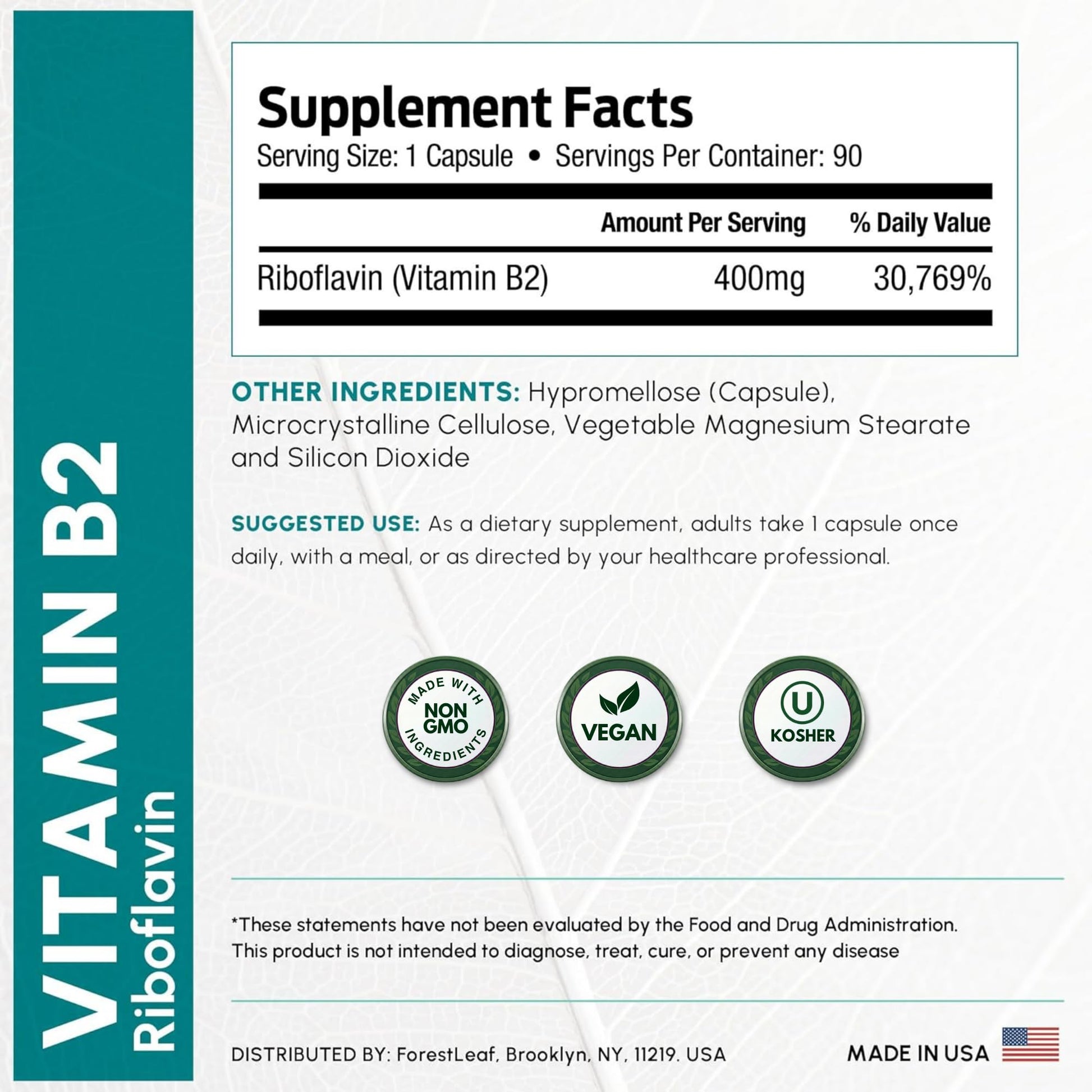 ForestLeaf Vitamin B2 Riboflavin 400mg - Energy, Skin & Cellular Health Supplement - Nervous System Support - Vitamin B 2 VIT B - Non-GMO & Gluten Free - Maple Wellness Supplements