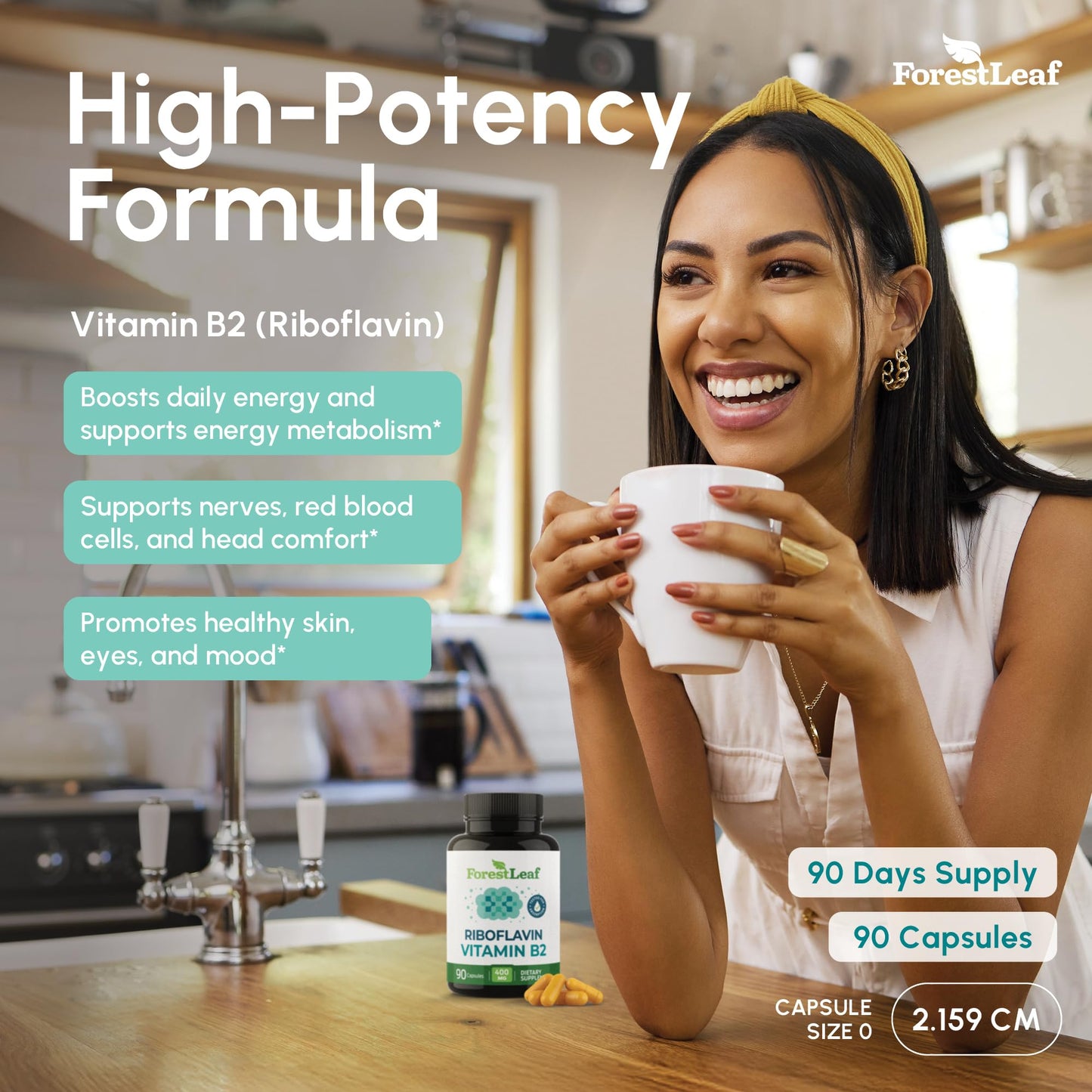 ForestLeaf Vitamin B2 Riboflavin 400mg - Energy, Skin & Cellular Health Supplement - Nervous System Support - Vitamin B 2 VIT B - Non-GMO & Gluten Free - Maple Wellness Supplements