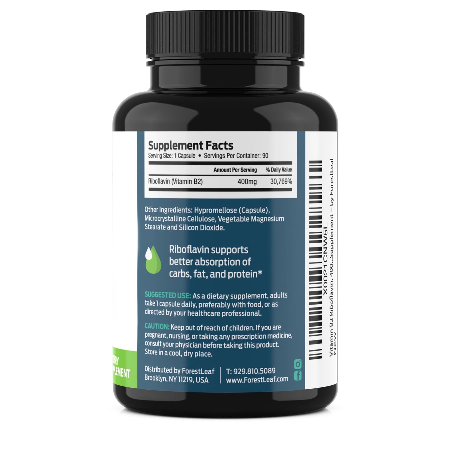 ForestLeaf Vitamin B2 Riboflavin 400mg - Energy, Skin & Cellular Health Supplement - Nervous System Support - Vitamin B 2 VIT B - Non-GMO & Gluten Free - Maple Wellness Supplements