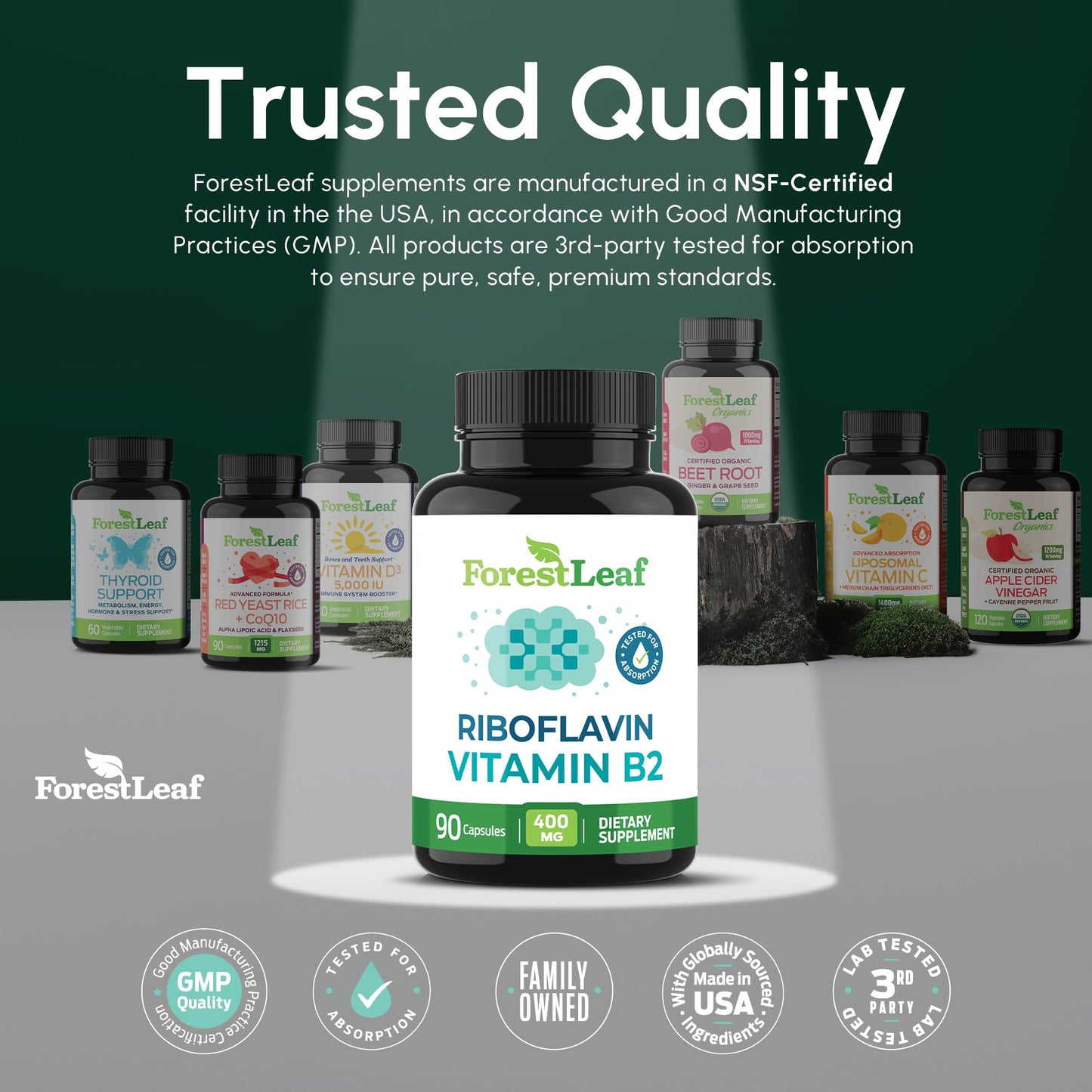 ForestLeaf Vitamin B2 Riboflavin 400mg - Energy, Skin & Cellular Health Supplement - Nervous System Support - Vitamin B 2 VIT B - Non-GMO & Gluten Free - Maple Wellness Supplements