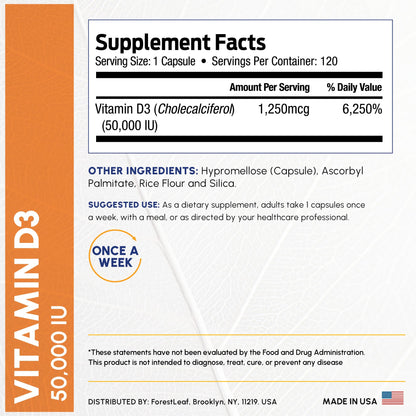 ForestLeaf Vitamin D3 50,000 IU | VIT D - Kosher VIT D3 Vitamin D Supplement for Women and Men | Bone Health, Teeth, Immune Support - Maple Wellness Supplements
