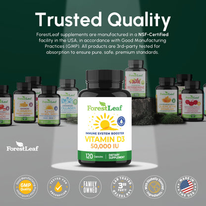 ForestLeaf Vitamin D3 50,000 IU | VIT D - Kosher VIT D3 Vitamin D Supplement for Women and Men | Bone Health, Teeth, Immune Support - Maple Wellness Supplements