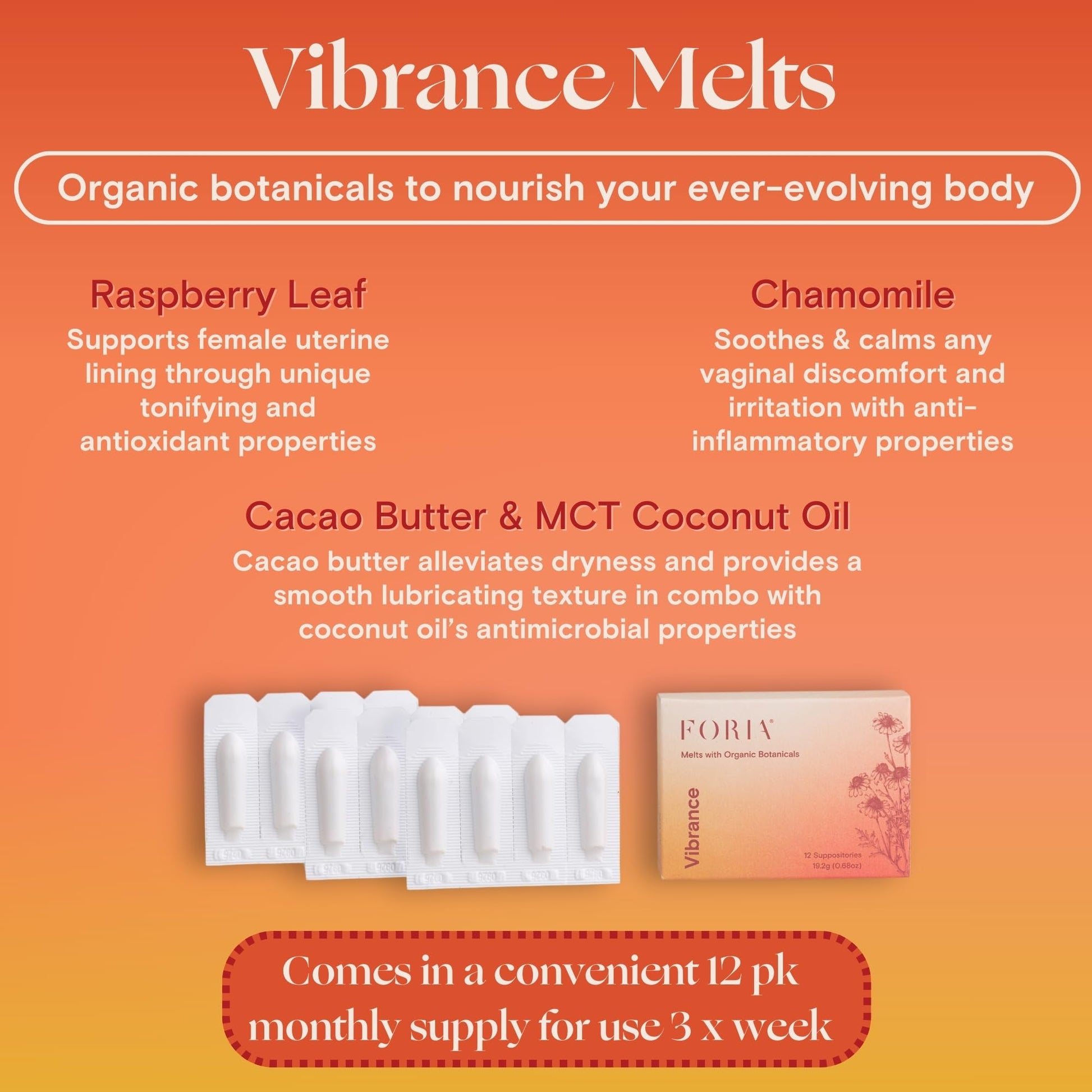 FORIA Vibrance Melts - Organic, Fragrance- Free, Natural Moisturizing Vaginal Suppositories - 12 Count - Maple Wellness Supplements