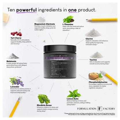 Formulation Factory The Night Before 10-in-1 Sleep Support | Melatonin 4mg, Magnesium Glycinate 300mg, L-Theanine, Glycine & More | Supports Relaxation, - Maple Wellness Supplements